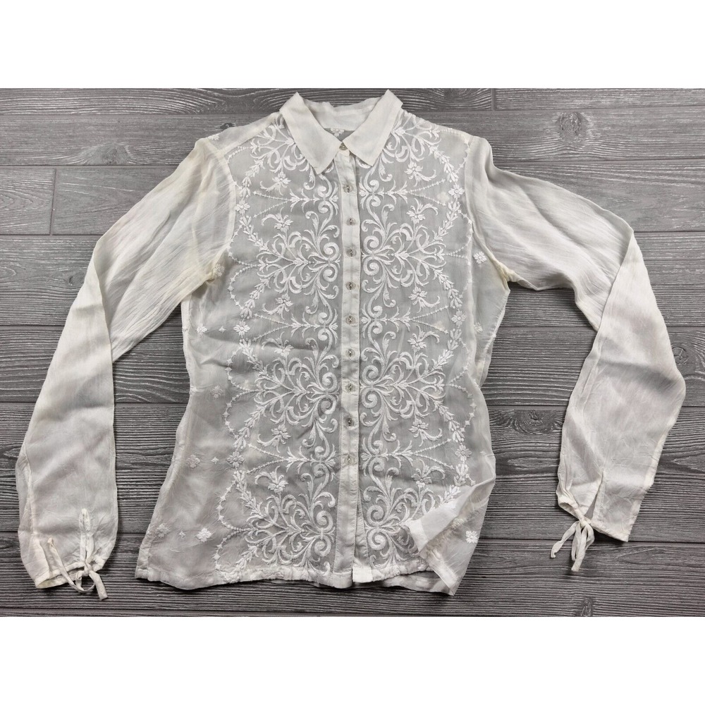 Johnny Was Ivory White Semi-Sheer Embroidered Crochet Women's Small top